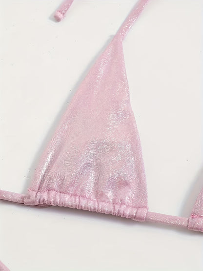 Pink glittery bikini top on a white background, BIKINISEXZY fashionable solid color beachwear
