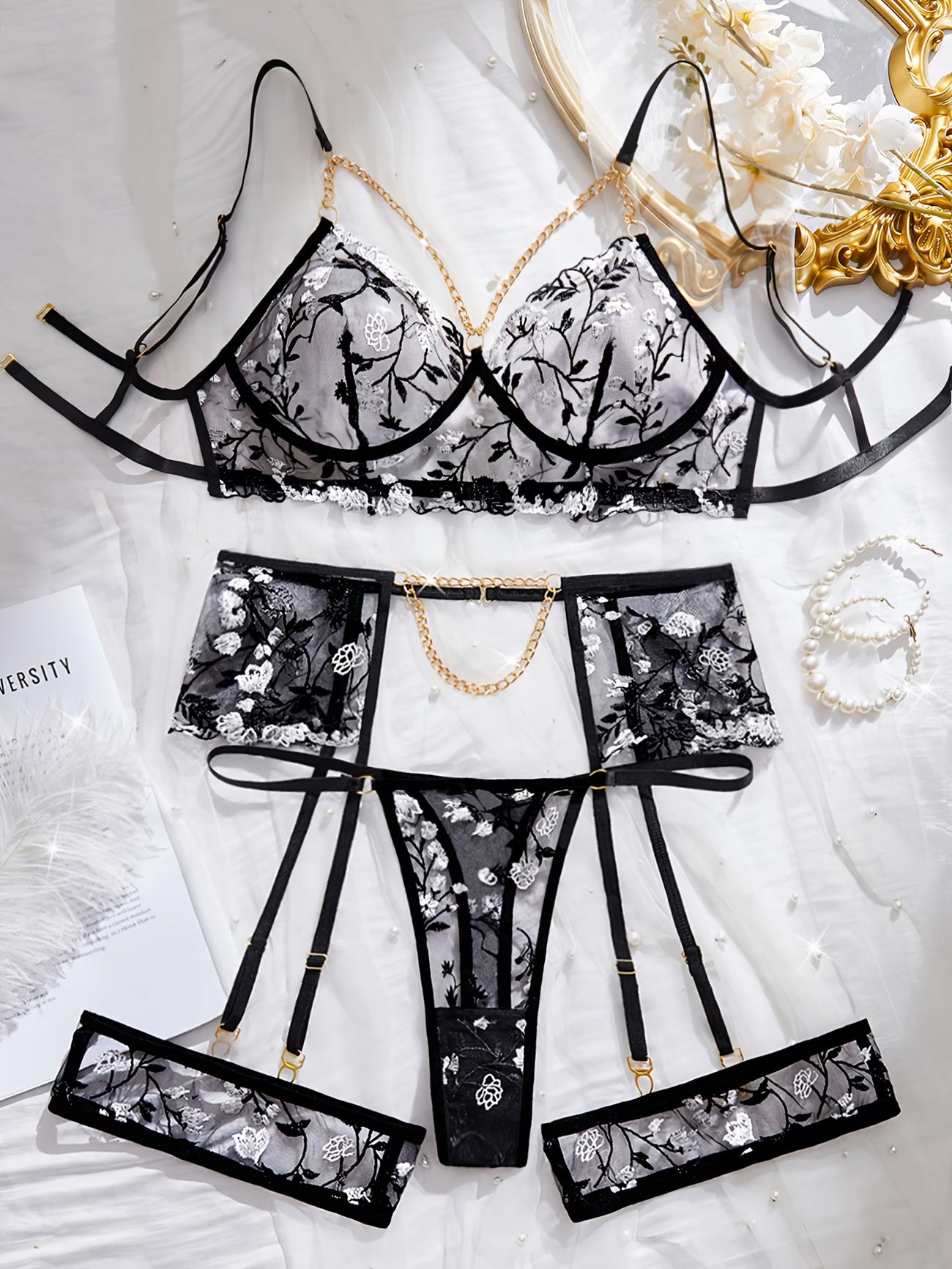 bikinisexzy floral embroidered semi-sheer bra with golden chain embellishment – close up detail
