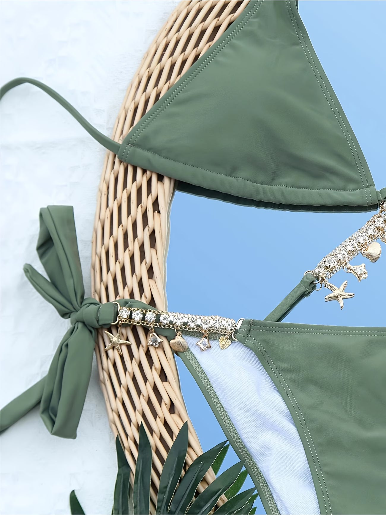 Green bikini set back view showing side-lace tie bottoms and rhinestone chain waistband | bikinisexzy