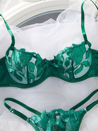 Green embroidered lily lingerie set mirror selfie – elegant women's intimate set by bikinisexzy
