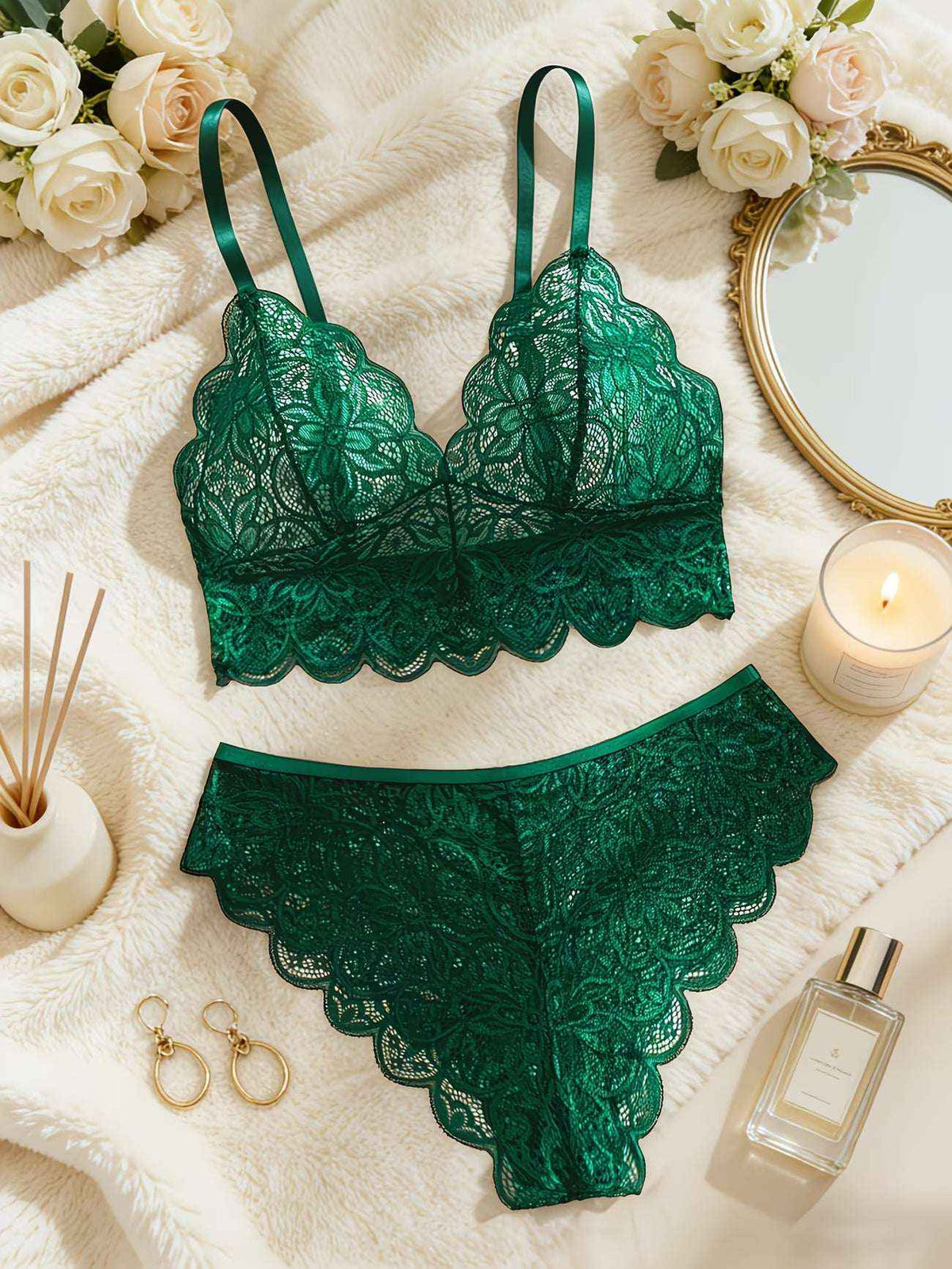 2pcs Lace Floral Bra and Brief Set – Green & Burgundy | Bikinisexzy