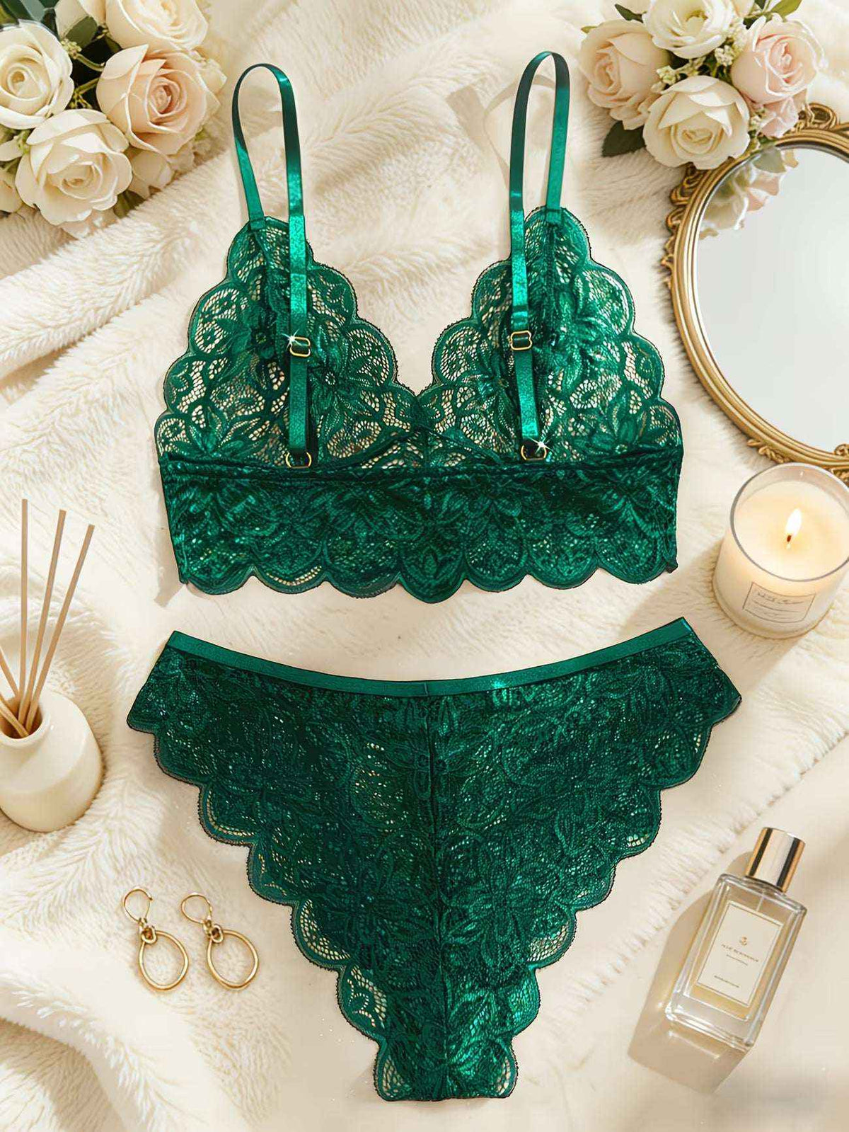 2pcs Lace Floral Bra and Brief Set – Green & Burgundy | Bikinisexzy