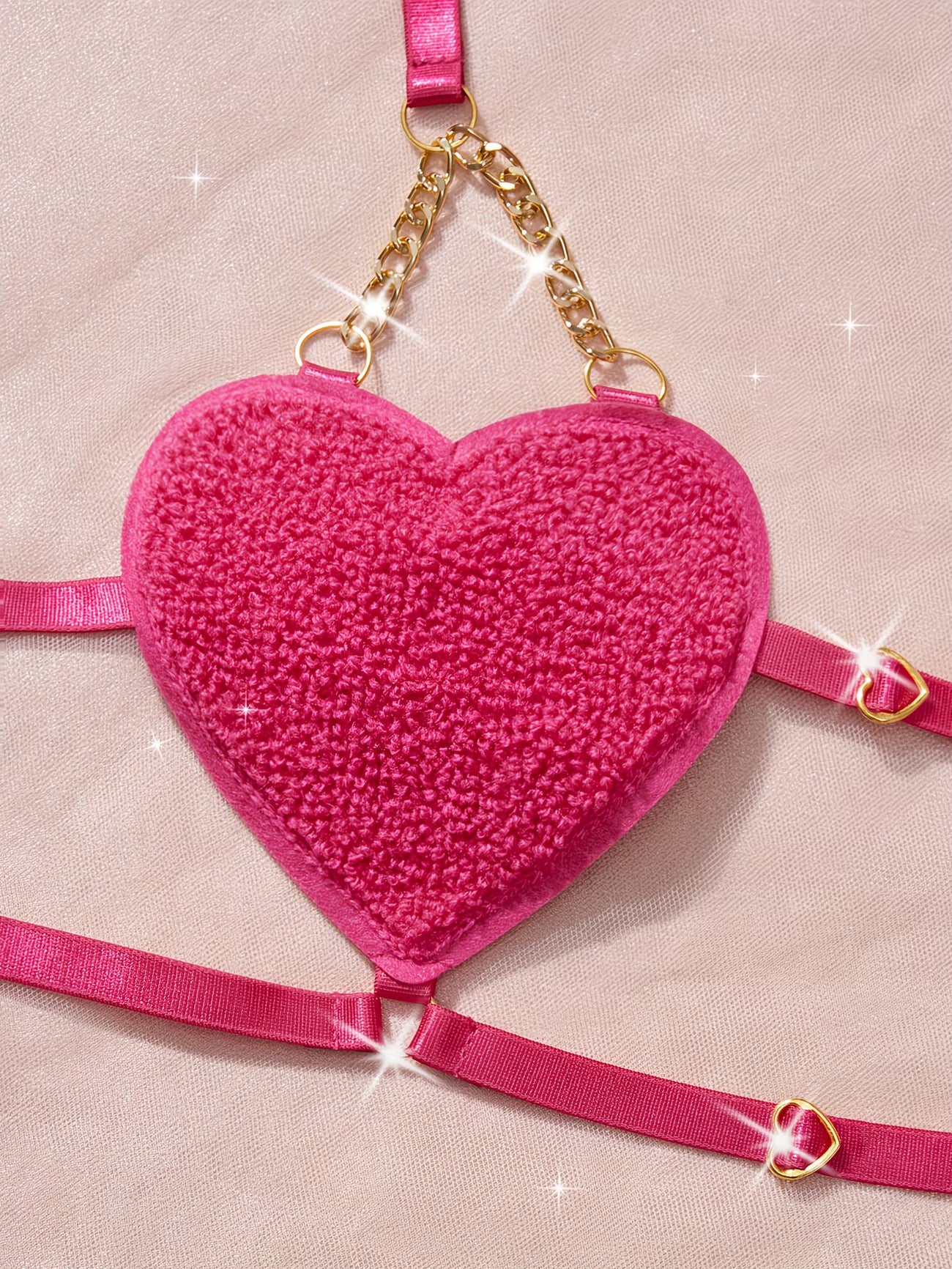 Bikinisexzy hot pink fluffy heart cup bra close-up – gold chain suspension and satin elastic band