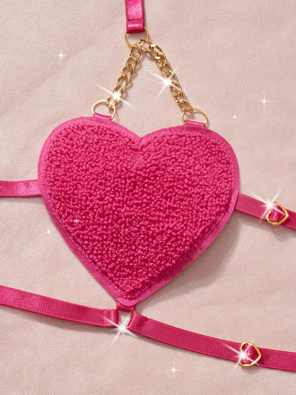 Bikinisexzy hot pink fluffy heart cup bra close-up – gold chain suspension and satin elastic band
