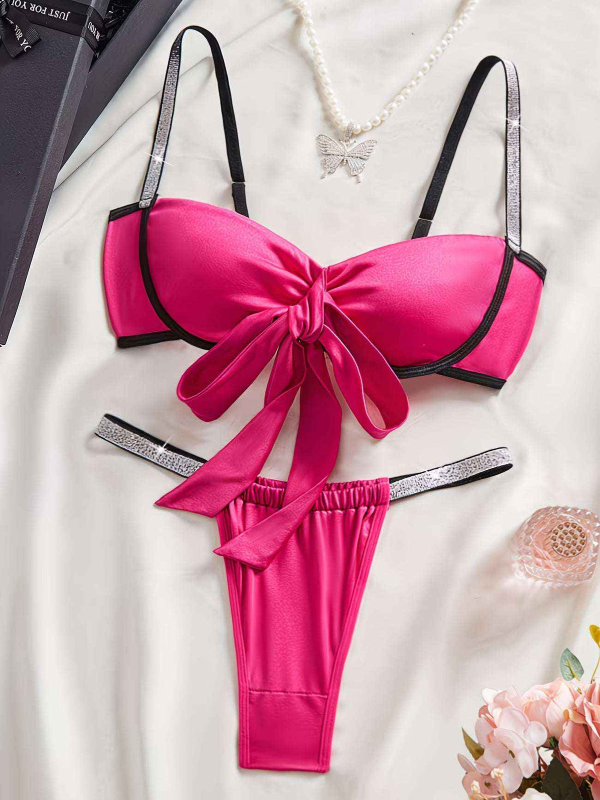 Bold & Beautiful: Hot Pink Bow Tie Lingerie Set with Rhinestone Straps | Bikinisexzy