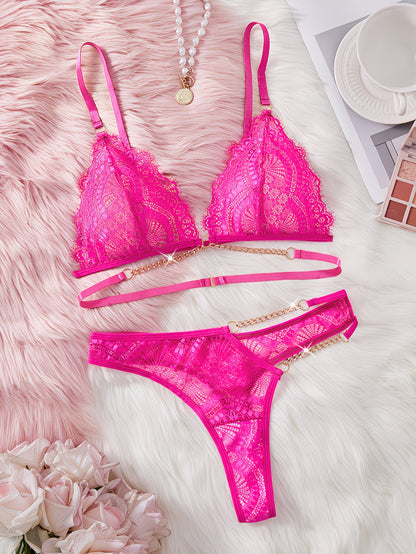 Close-up of gold chain detail on hot pink lace bralette – Bikinisexzy lingerie