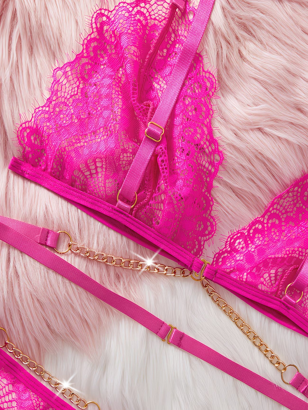 Hot pink lace bra and thong lingerie set styled with flowers and accessories – Bikinisexzy