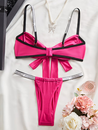 Bikinisexzy hot pink lingerie set back clasp and rhinestone strap hardware detail close up