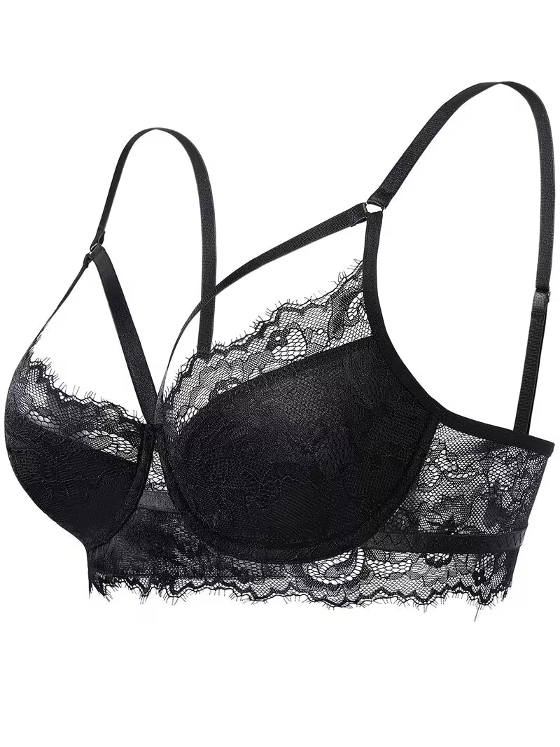 Isolated flat lay view of classic black lace push-up bralette with cross strap accent
 – Bikinisexzy