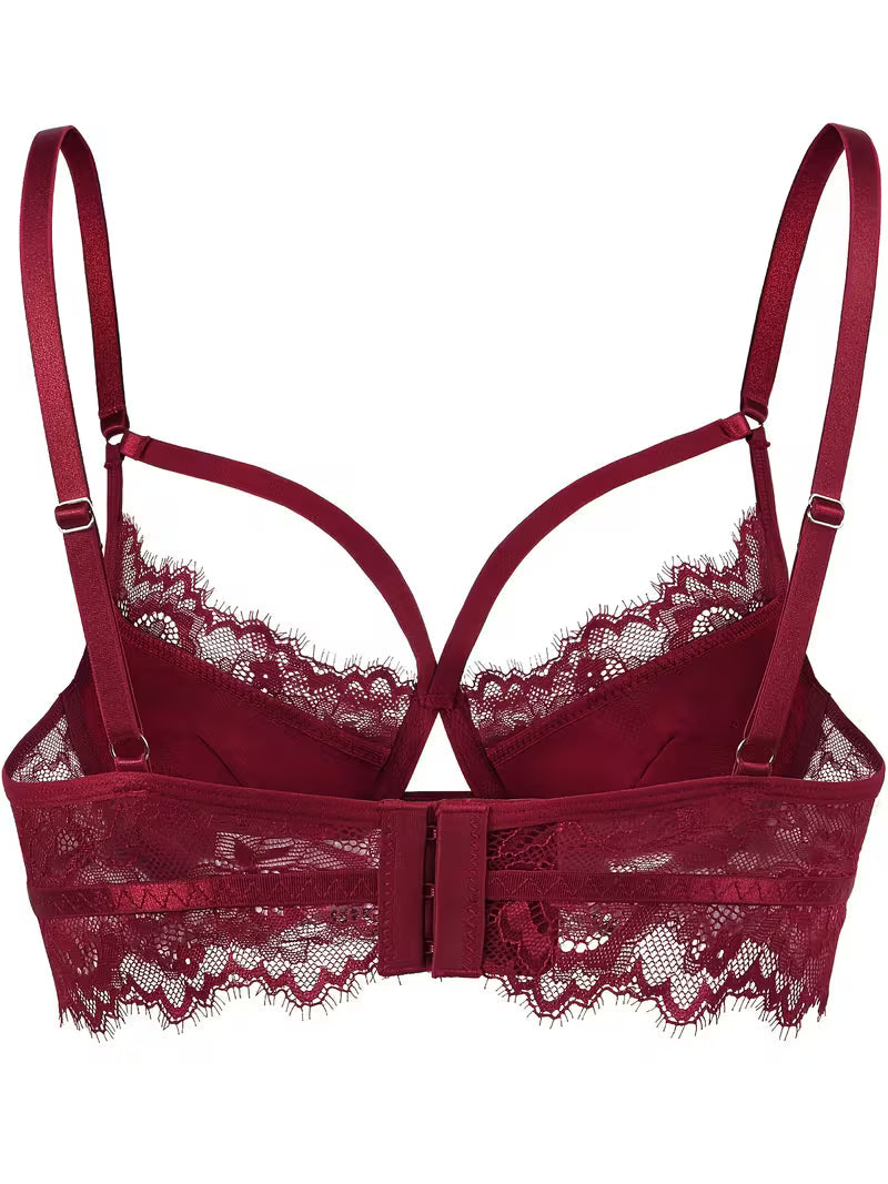 Isolated flat lay view of red lace push-up bra with bralette-inspired longline band – Bikinisexzy