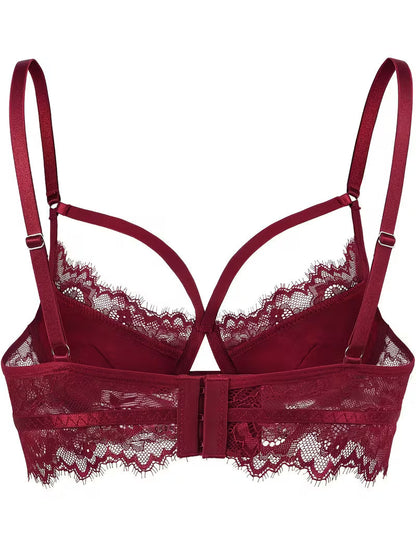 Isolated flat lay view of red lace push-up bra with bralette-inspired longline band – Bikinisexzy
