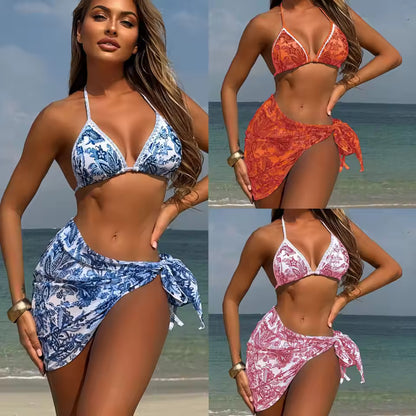 Vintage Printed 3-Piece Bikini Set | Lace Toothed Swimwear | BIKINISEXZY