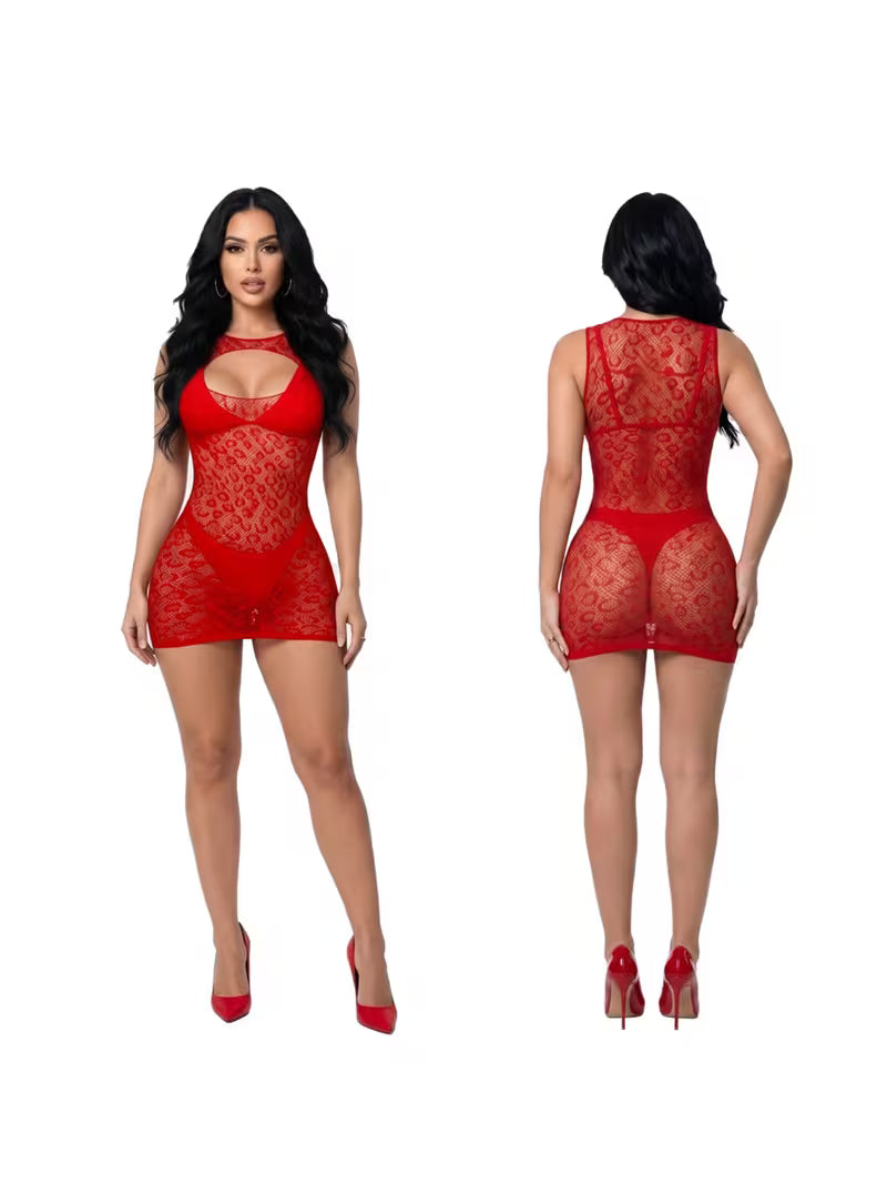 Isolated full length studio product view of red leopard print hollow mesh mini skirt set - Bikinisexzy