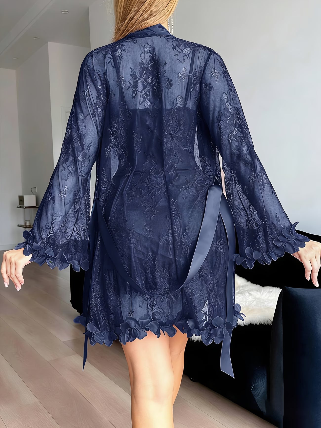 bikinisexzy navy lace robe set full length back view satin tie belt