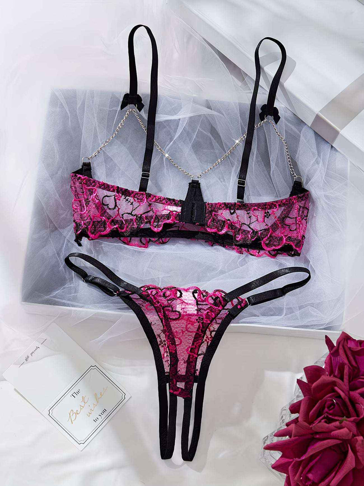 Pink Black Lace Bralette Thong Set with Chain Details - Bikinisexzy