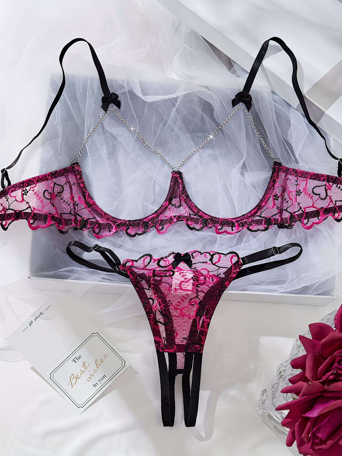 Texture view of high-quality pink and black floral lace material - Bikinisexzy | Bikinisexzy.com