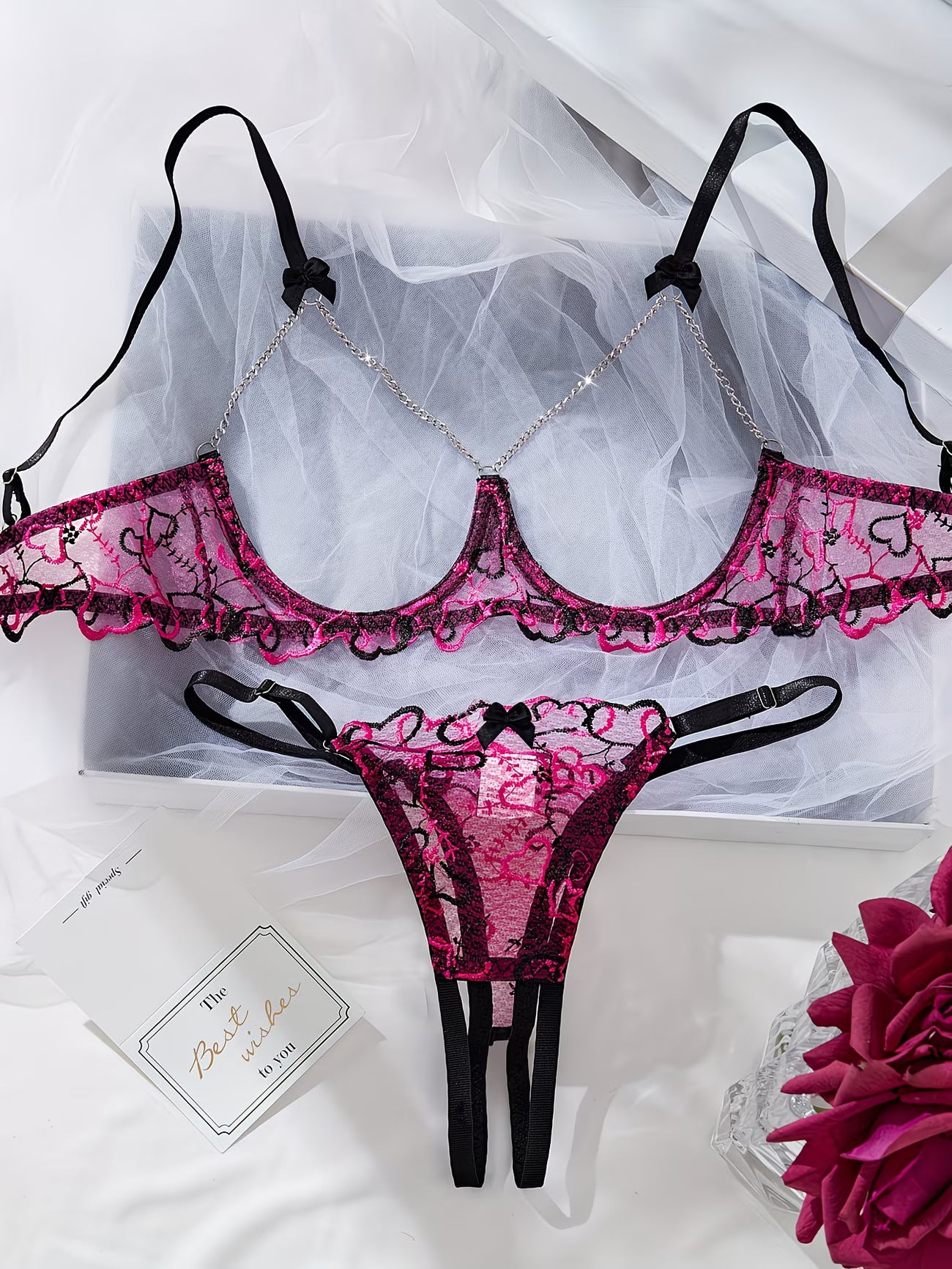 Pink and black lace bralette and thong set displayed in gift box with rose - Bikinisexzy
