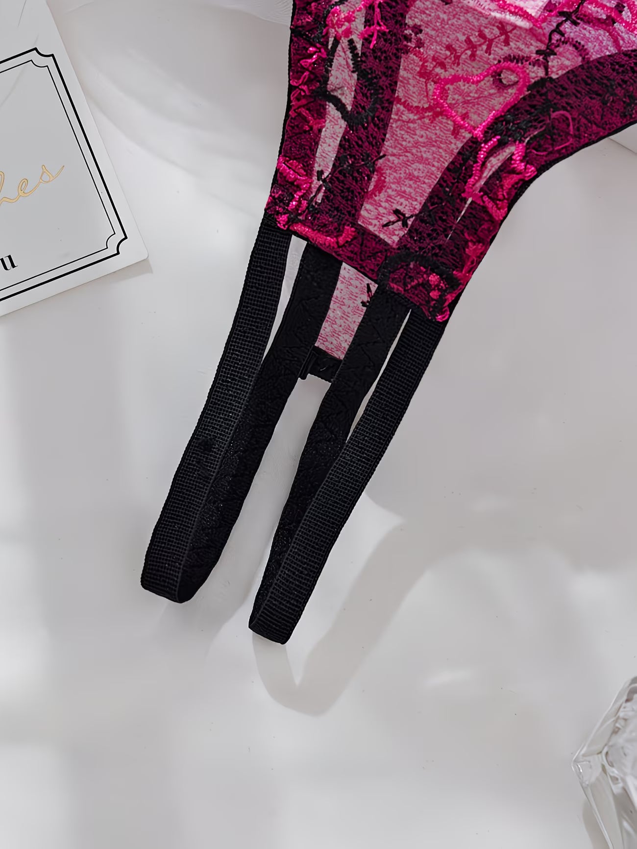 Pink and black lace thong with triple black elastic strap design - Bikinisexzy