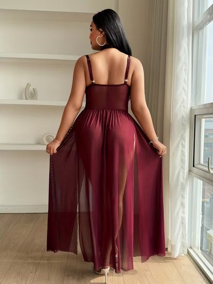 Back view showing adjustable shoulder cami straps and flowing floor-length design of burgundy plus size nightwear - Bikinisexzy 