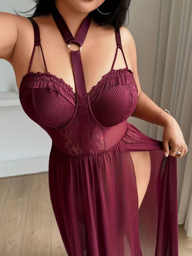 Close-up front view showing lace trim neckline, criss-cross strap details, and underwire cups on burgundy plus size camisole nightgown - Bikinisexzy 
