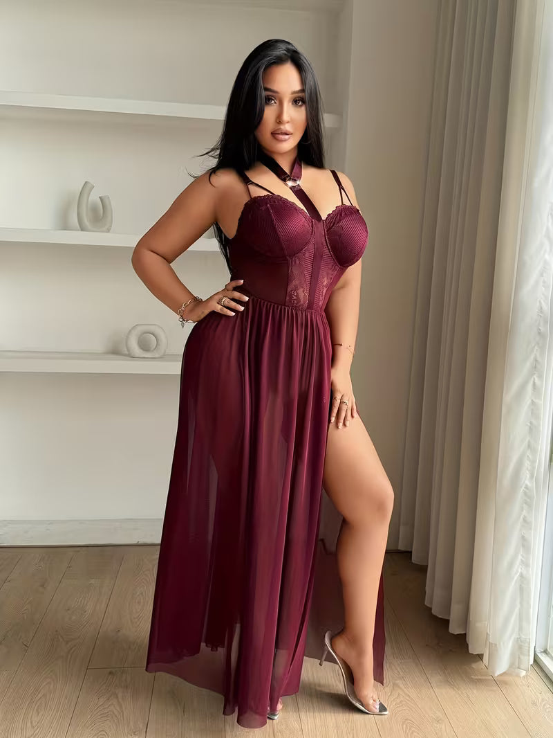 Full-length front standing pose displaying long flowing hem with high slit on burgundy sleep dress for curvy women - Bikinisexzy 
