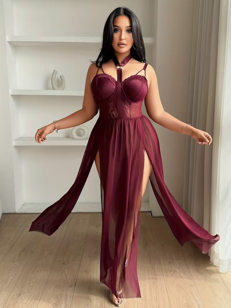 Full length view of model wearing burgundy camisole sleep dress with side slit and delicate lace neckline details - Bikinisexzy 