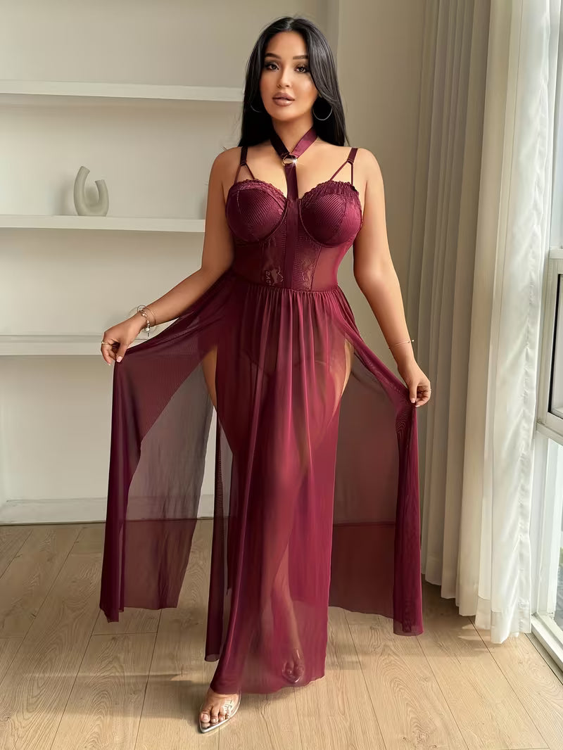Standing front view showcasing the loose fit silhouette and lace trim accents on burgundy plus size lingerie nightgown - Bikinisexzy 