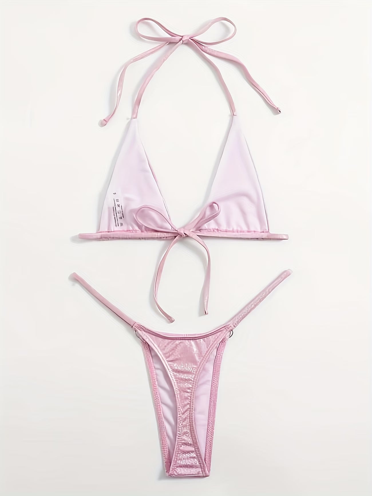 Pink bikini set with triangle top and thong bottom on a white background, BIKINISEXZY premium polyester blend bikini set