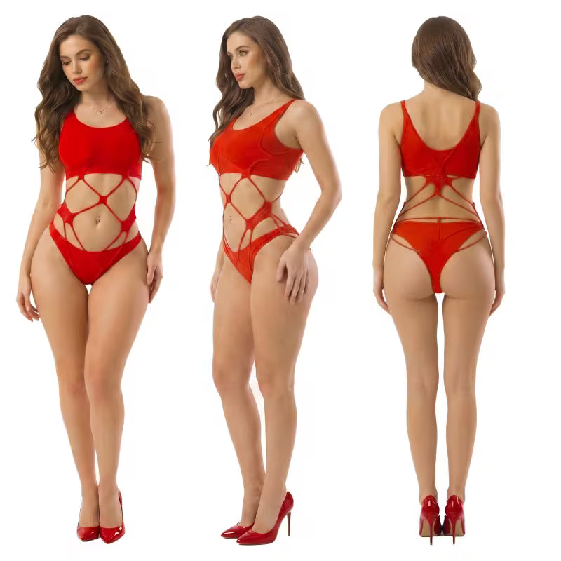 Front side and back multi-angle showcase of red hollow lace christmas sexy onesie - Bikinisexzy.com