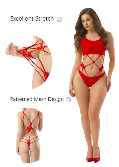 Size guide and material specifications chart for red hollow lace christmas onesie - Bikinisexzy.com