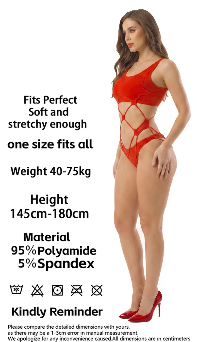 Demonstration of fabric elasticity and patterned mesh design on red hollow lace onesie - Bikinisexzy.com