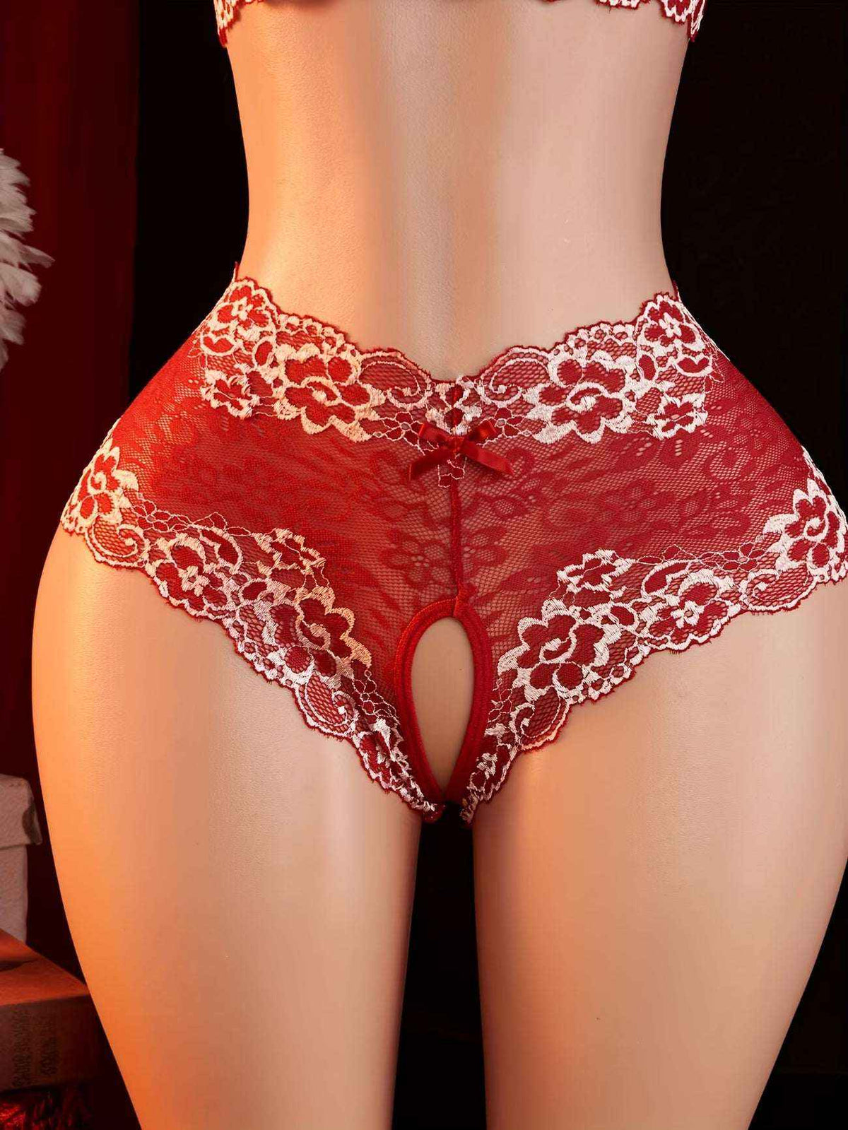 Red Lace Sexy Lingerie Set - Open-Bust Bra & Crotchless Thong by Bikinisexzy
