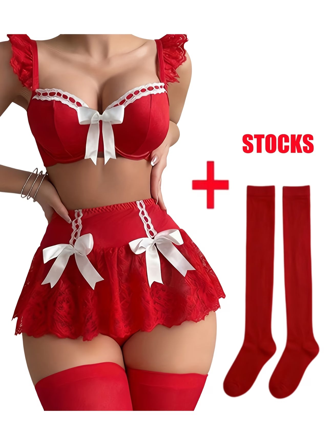 bikinisexzy 4pcs Red Lace Lingerie Set - Complete Set Including Bra, Skirt, Thong and Red Stockings