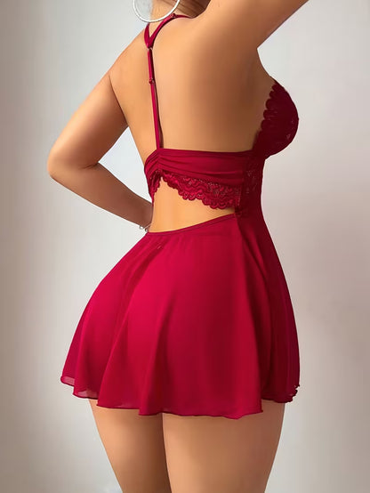 A woman wearing a bright red halter-neck mini dress with a lace-trimmed back cutout and a flared skirt, shown from the Back view highlighting the open backless cut-out design and adjustable shoulder straps of red babydoll nightgown - Bikinisexzy 