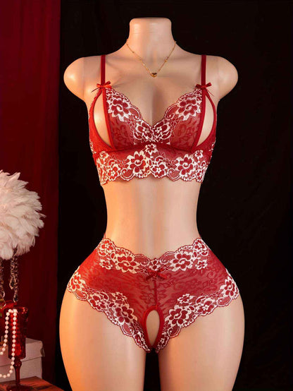Red Lace Sexy Lingerie Set - Open-Bust Bra & Crotchless Thong by Bikinisexzy