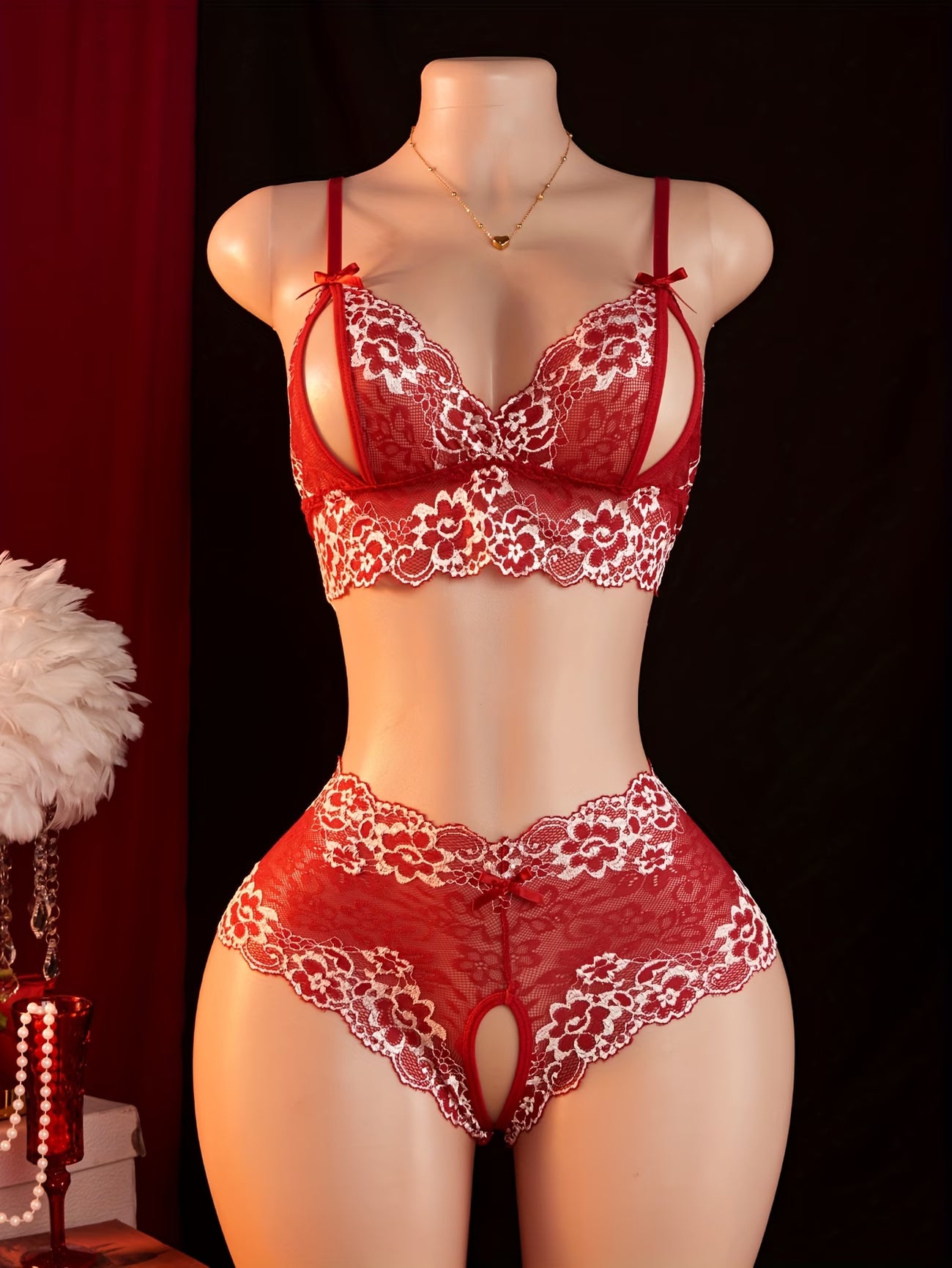 Red semi-sheer floral lace sexy lingerie set full front on mannequin – bikinisexzy