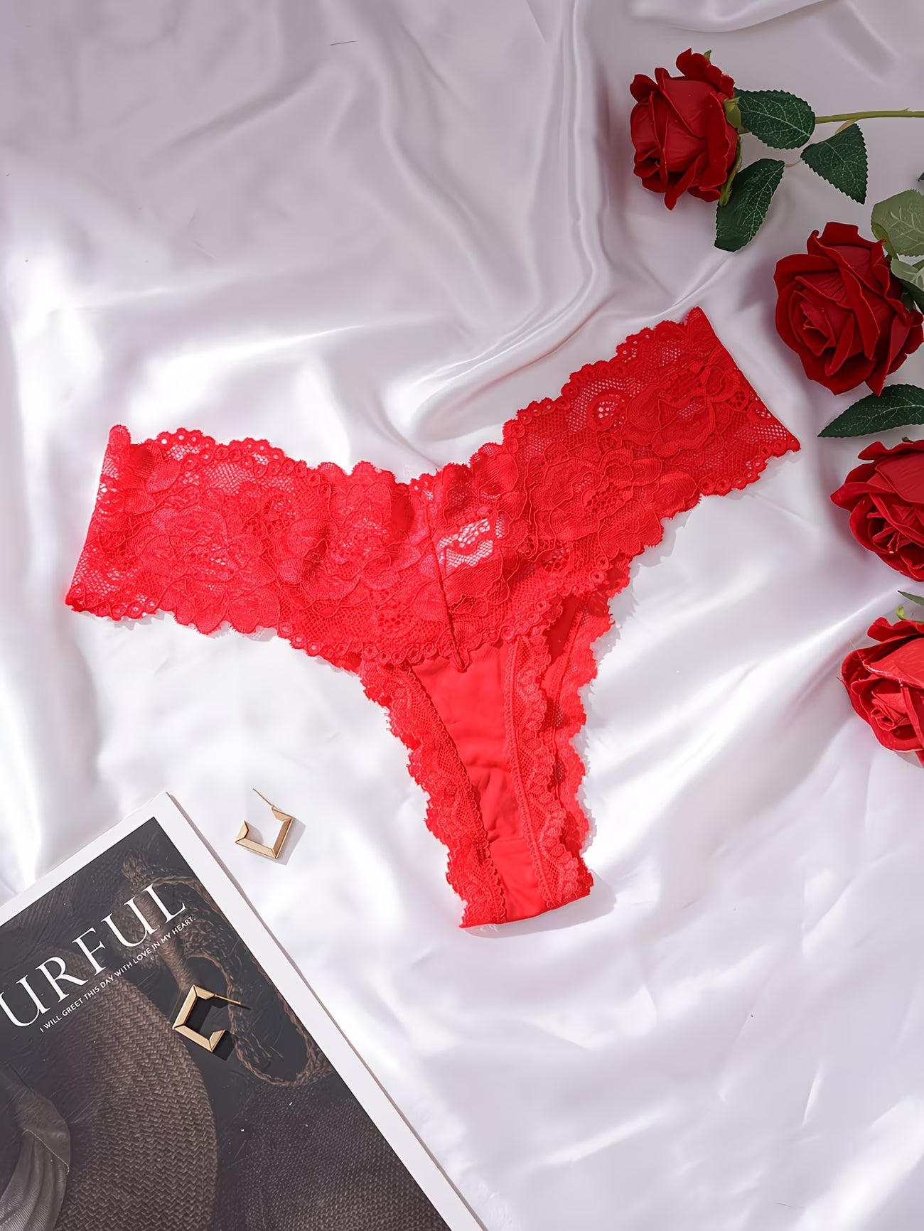  Bikinisexzy Red Lace Thong Panties – Close-Up Bow and Lace Detail
