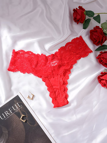  Bikinisexzy Red Lace Thong Panties – Close-Up Bow and Lace Detail