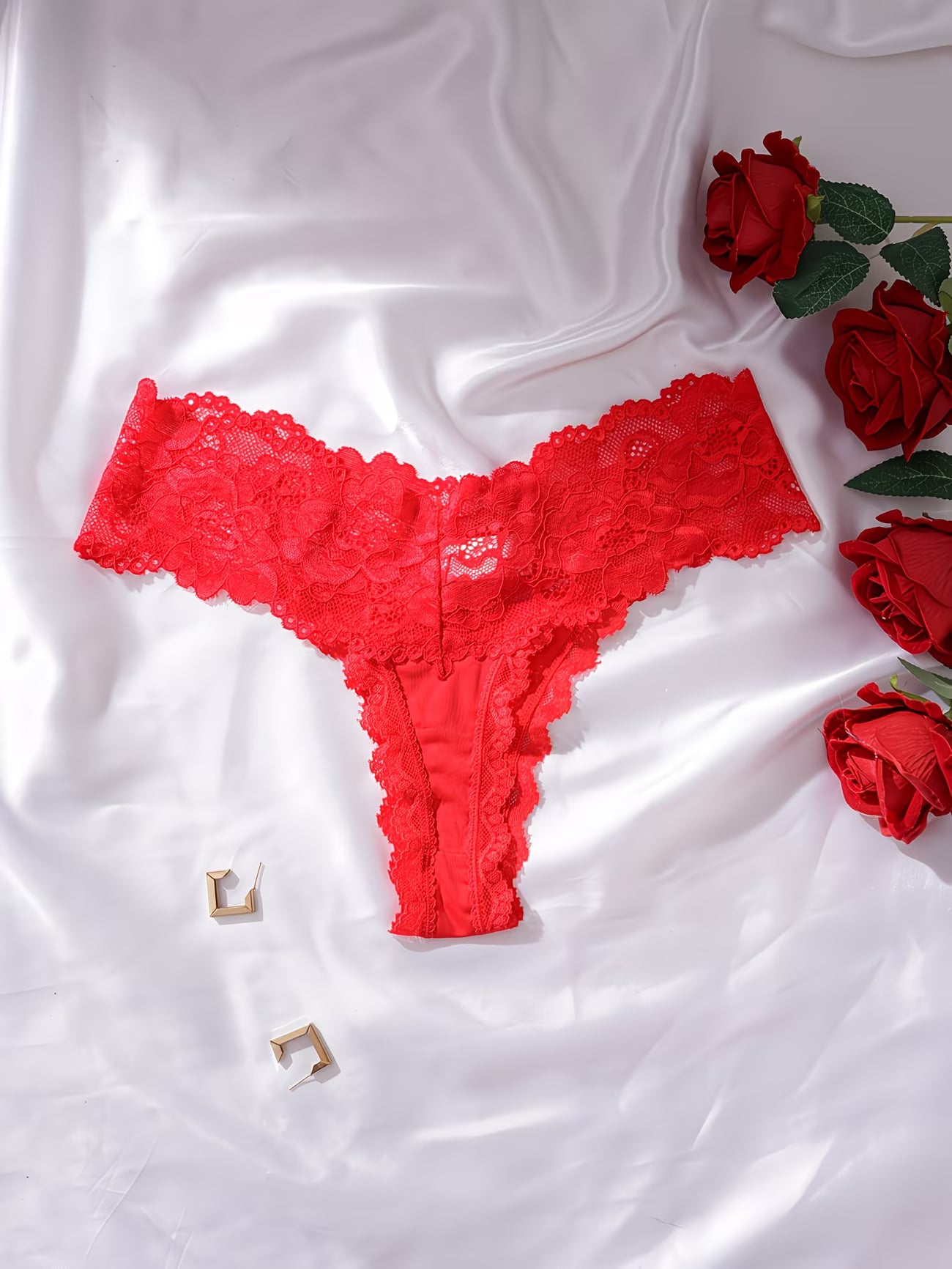 Bikinisexzy Red Full Lace Thong Panties – Flat Lay with Roses