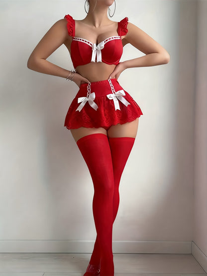 bikinisexzy Red Lingerie Set Close Up - White Satin Bow Detail on Bra and High Waist Lace Skirt