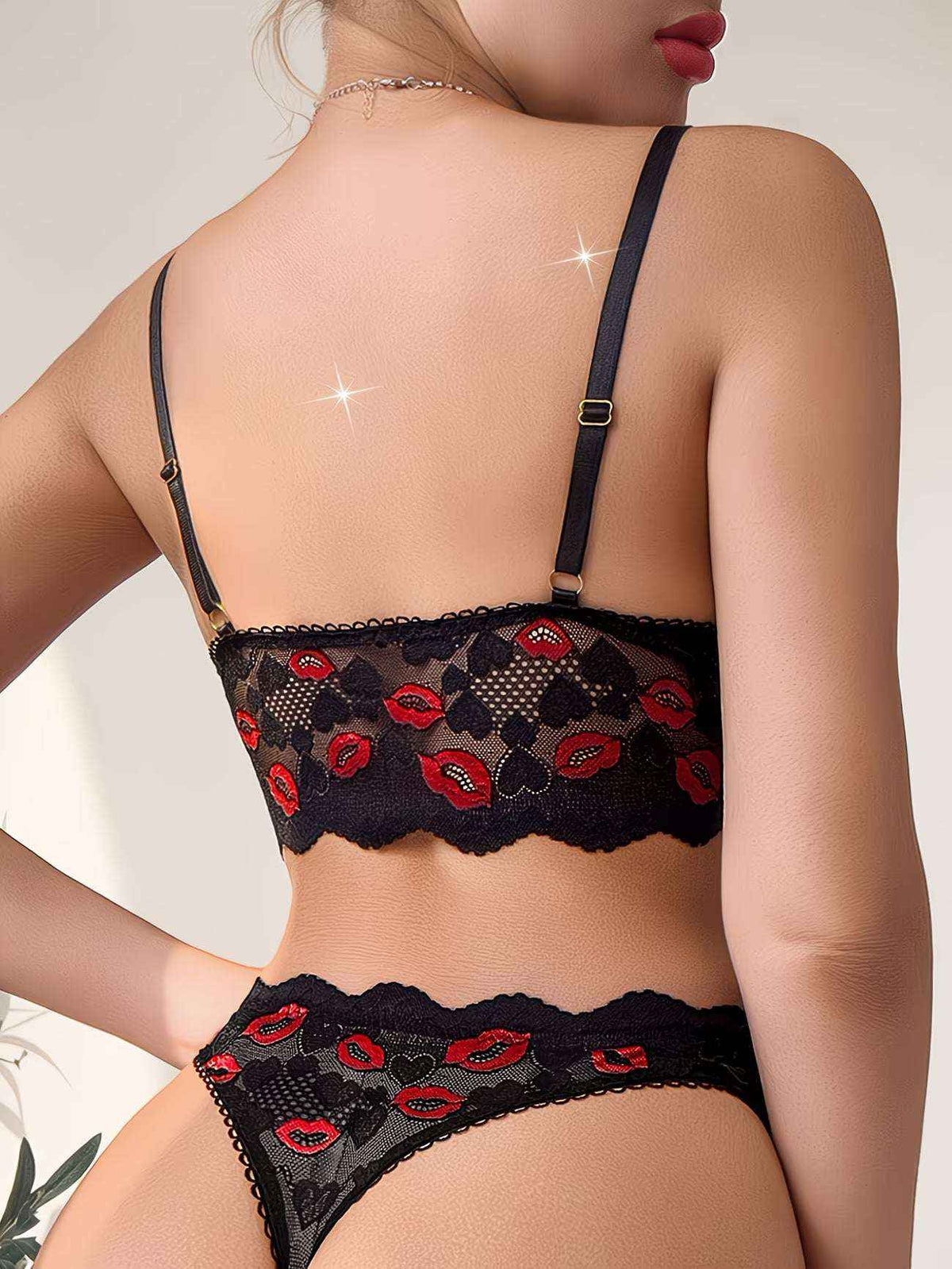 Red Lip Print Lingerie Set - Bow Heart Sheer Bra & Panty Set | Bikinisexzy