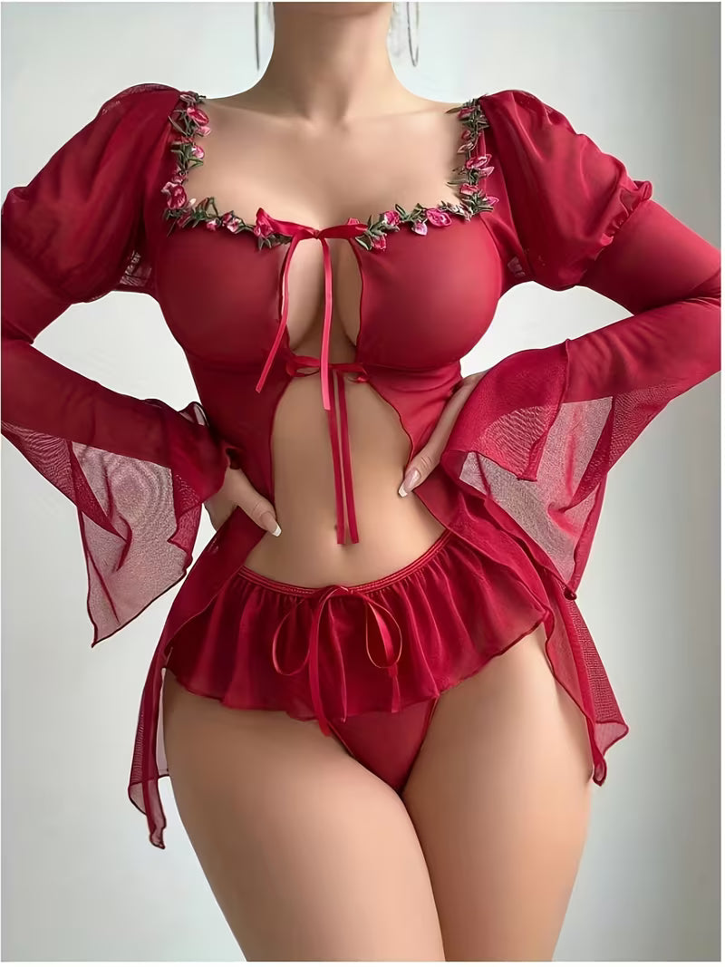 Front view of model wearing a red sheer long-sleeve babydoll lingerie set with floral embroidery neckline and ruffled hem |  Burgundy sheer mesh lingerie set with floral embroidery neckline front close-up view - Bikinisexzy