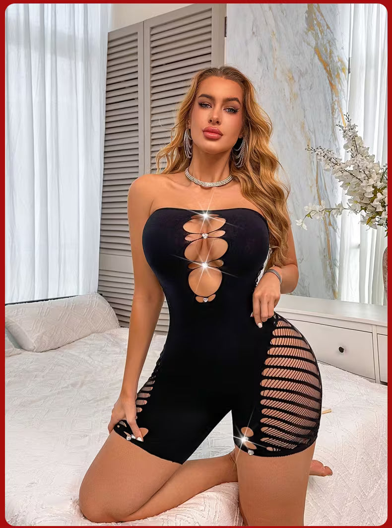 Front view pose of model wearing black rhinestone leopard print mesh strapless jumpsuit shorts - Bikinisexzy | Bikinisexzy.com