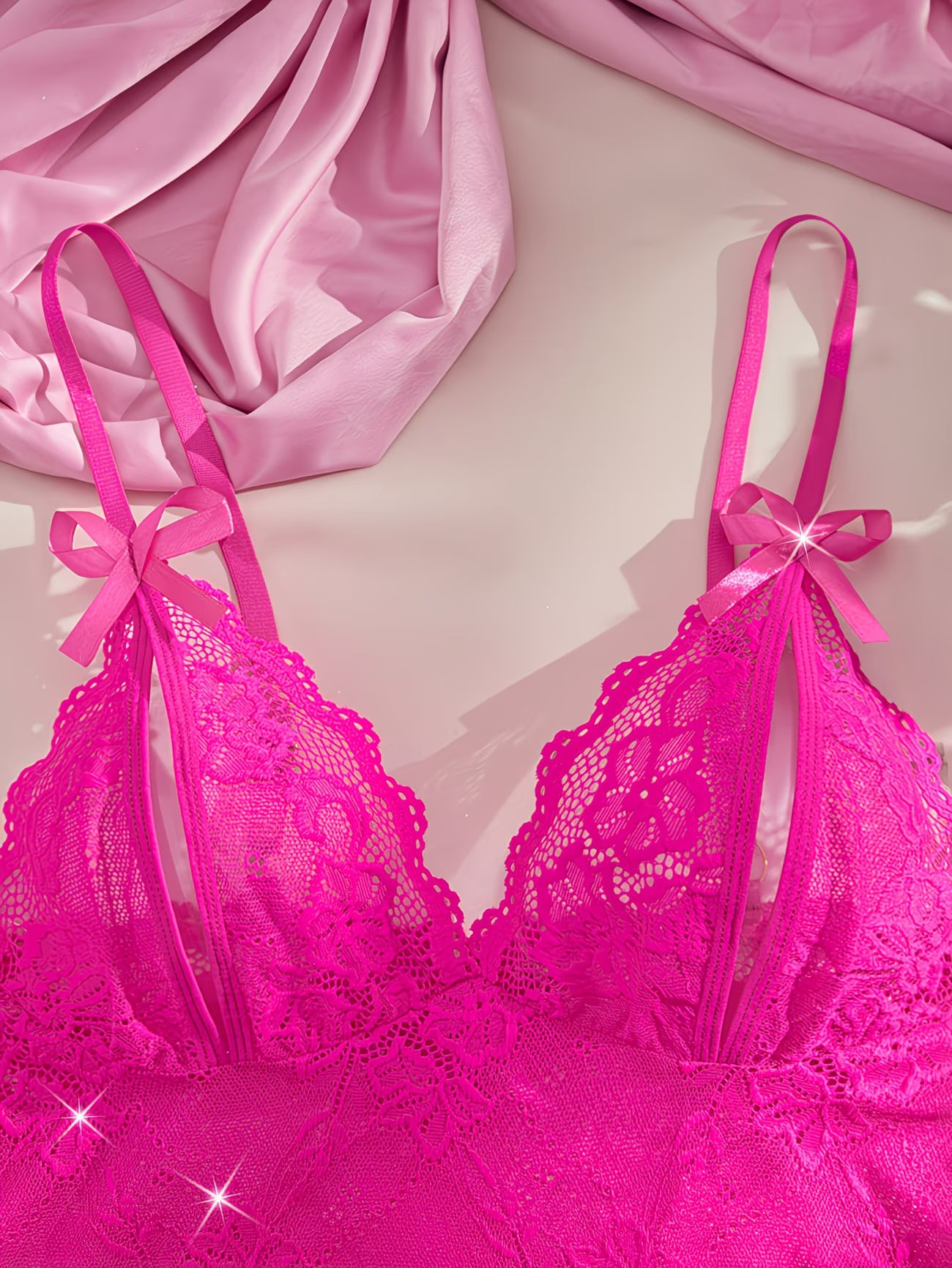 Bikinisexzy hot pink rose floral lace bralette with double satin bow tie straps on pink silk