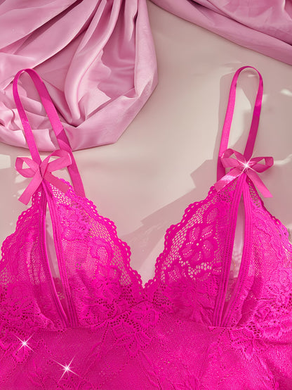 Bikinisexzy hot pink rose floral lace bralette with double satin bow tie straps on pink silk