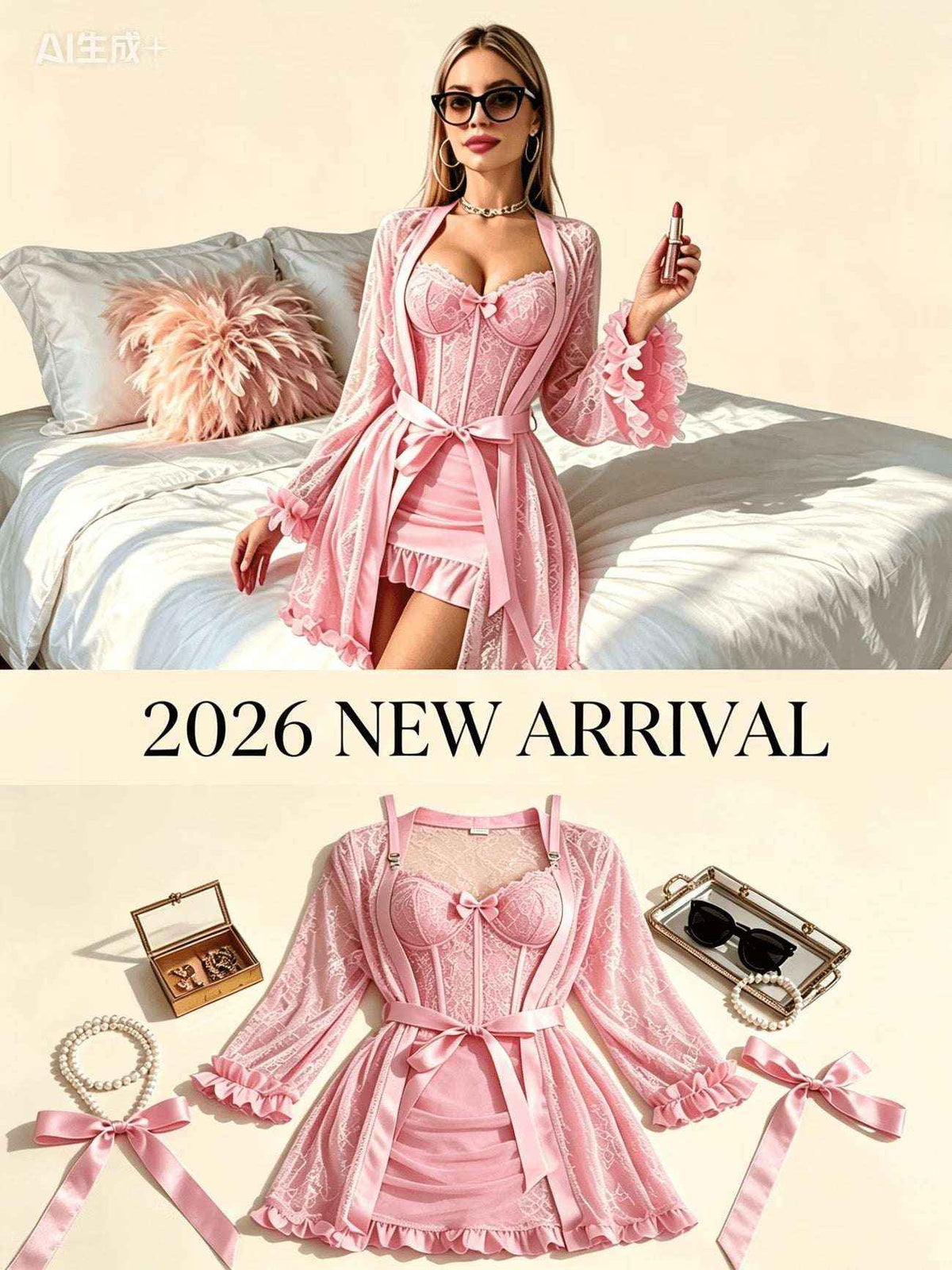 Elevate Every Night with Our Luxury Lace Nightgown Set – 3pcs Corset Mini Dress, Robe & Thong