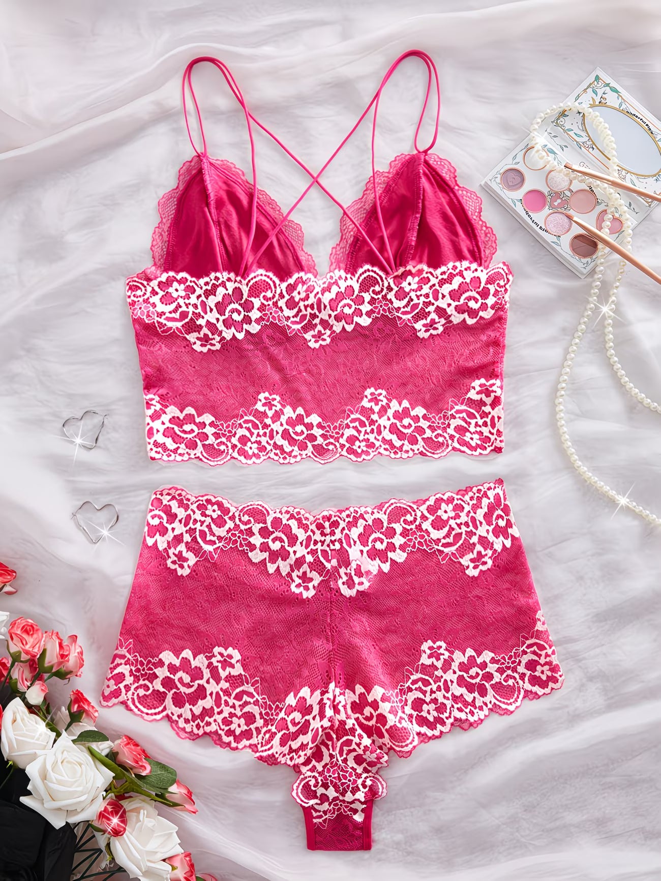 Bikinisexzy Rose Pink Floral Lace Bra Set Flat Lay – Two-Color Block Lingerie