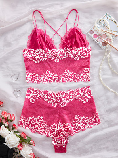Bikinisexzy Rose Pink Floral Lace Bra Set Flat Lay – Two-Color Block Lingerie