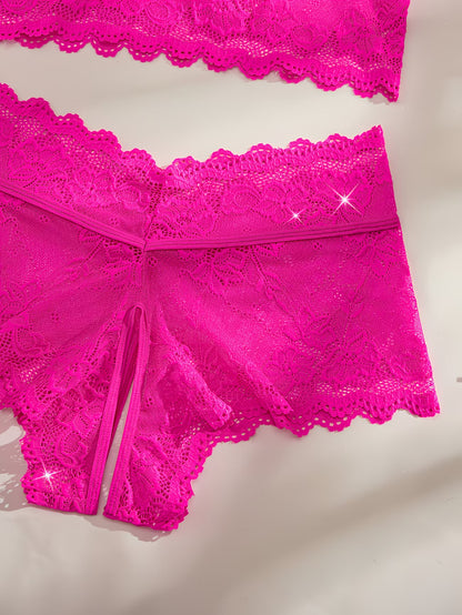 Bikinisexzy rose pink floral lace bralette with bow tie straps on pink satin background
