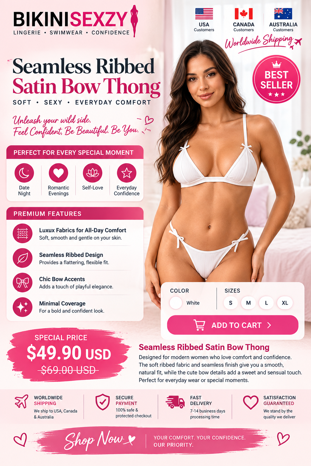BIKINISEXZY seamless ribbed satin bow thong in white